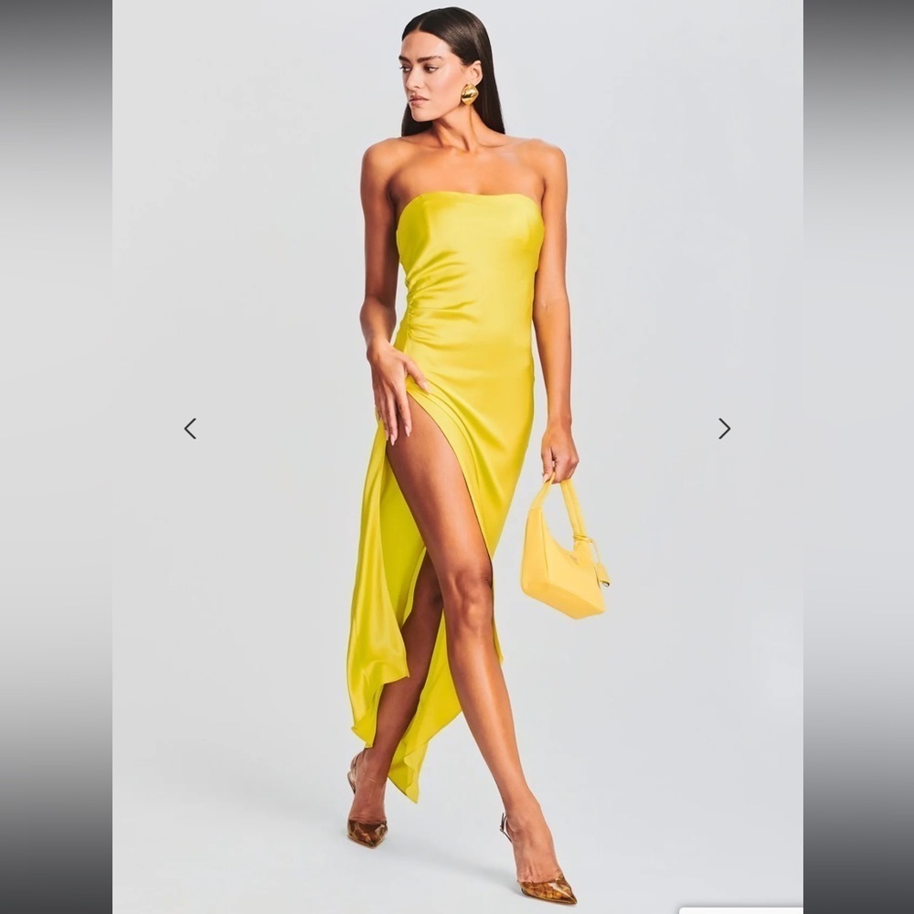 SE.ROYA x Retrofette Satin Strapless Maxi Dress Asymmetric Hem Slit Medium Sexy